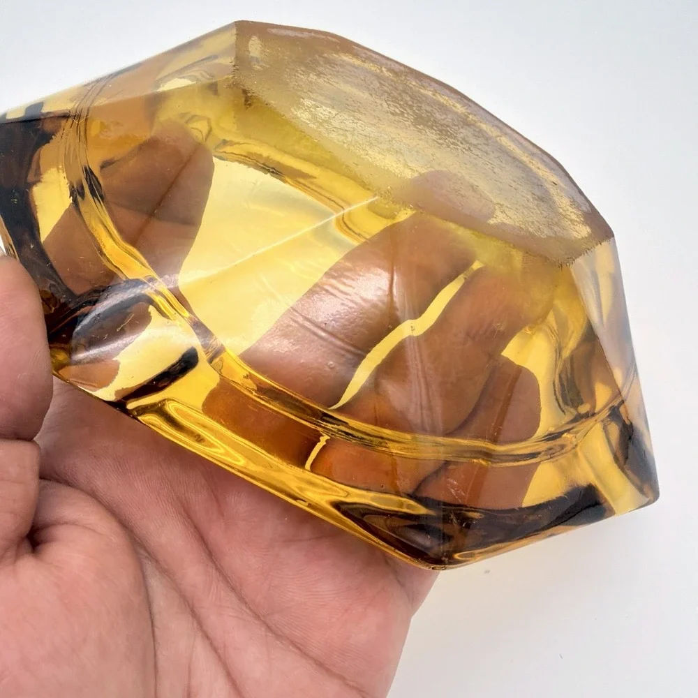 Vintage Amber Glass Ashtray Hexagonal Faceted Rim With Four Notches